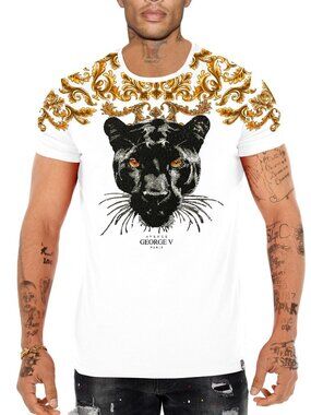 Avenue George V Paris T-Shirt rhinestone Black Panther Shorts sleeve White Shirt